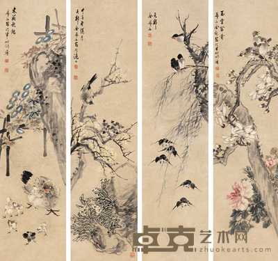 金梦石 1924年作 花鸟图 四屏 150×38.5cm×4